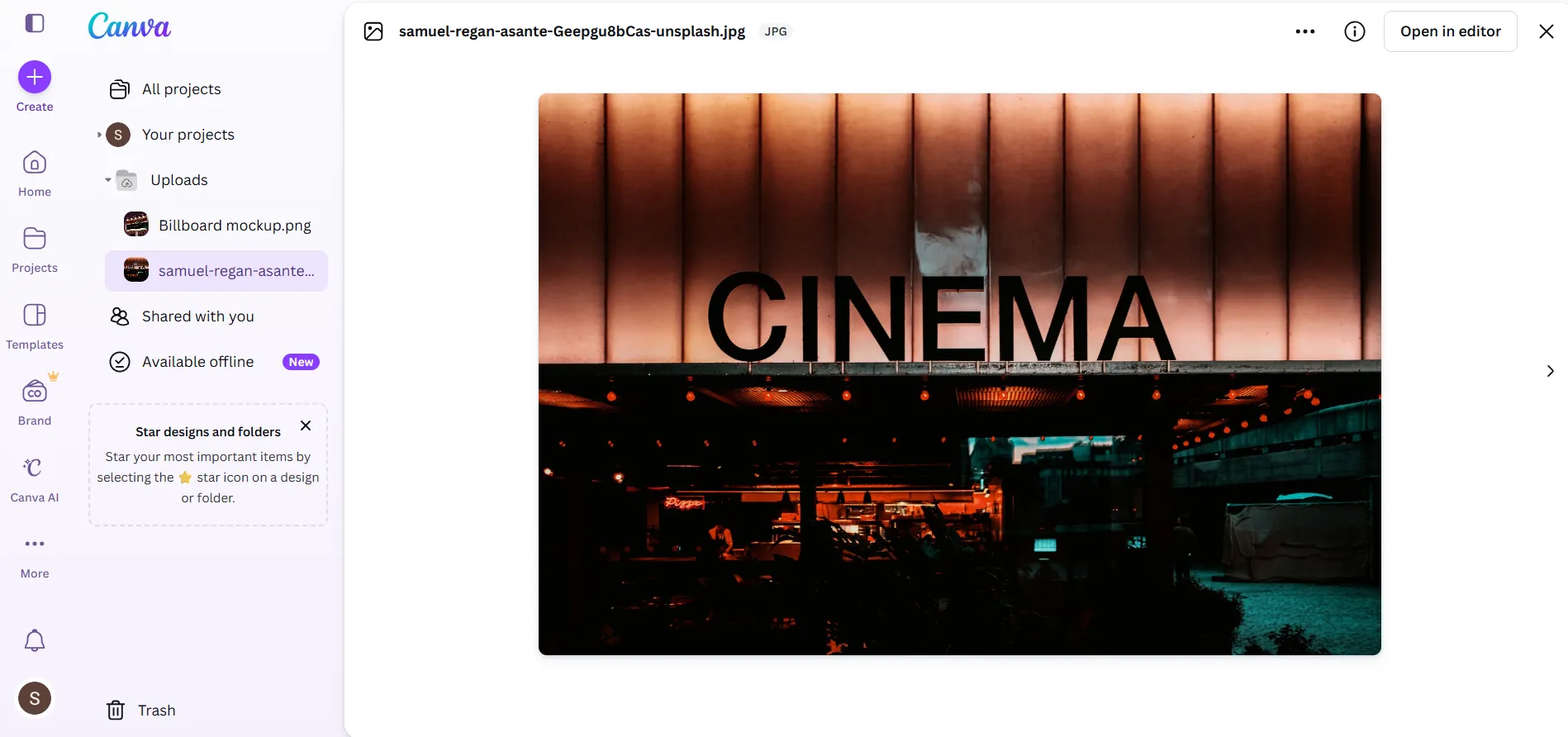 Canva mockup interface showing billboard mockup templates with ‘Cinema’ written on the design.